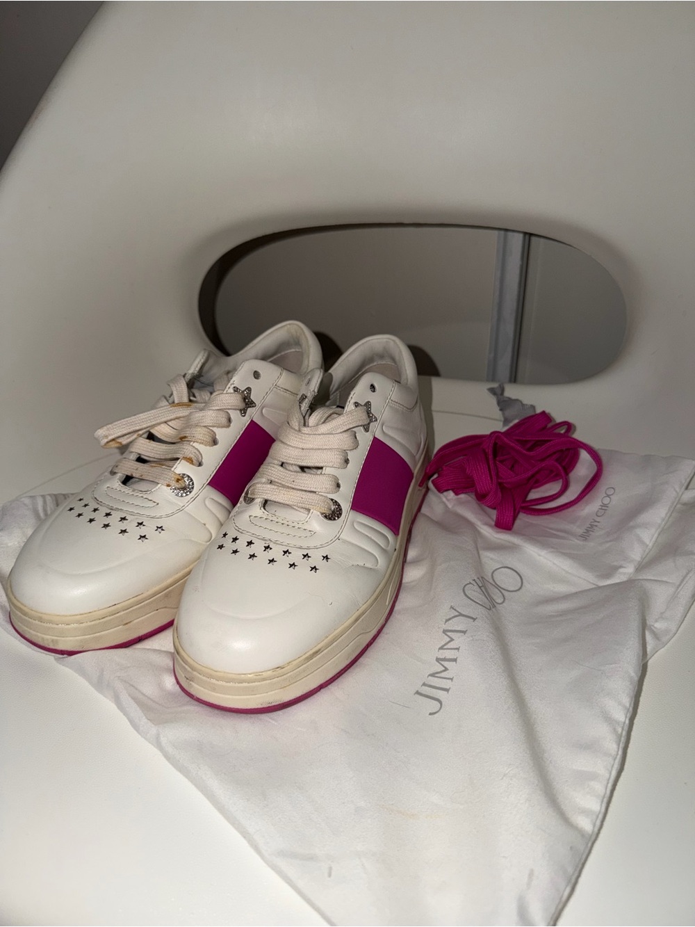 Jimmy Choo White & Fuchsia Leather Star-Perforated Sneakers